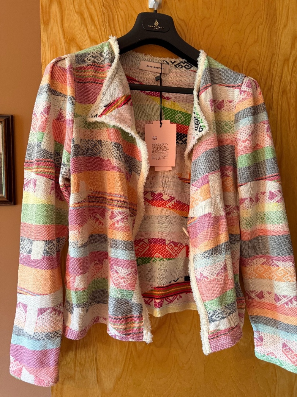 Aldo Martins Multicolor Jacquard Fringe Trim Knit Jacket Sz S - NWOT